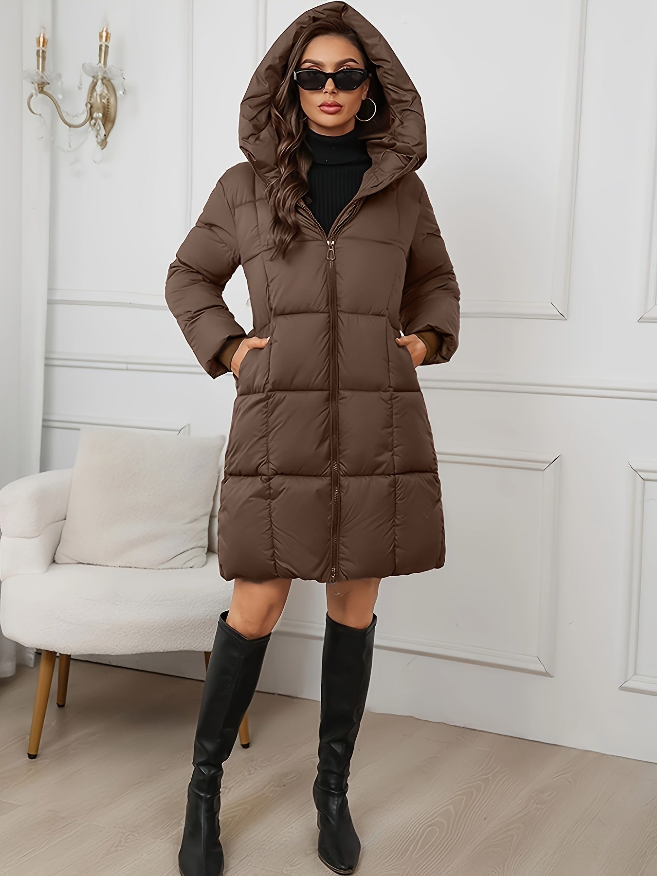 Women'S Elegant Hooded Long Winter Coat - Lightweight Full-Zip Jacket with Pockets, Mid-Length Warm Outerwear for Cold Weather, Solid Color, Regular Fit, No Belt, Long Sleeves, Winter Coats