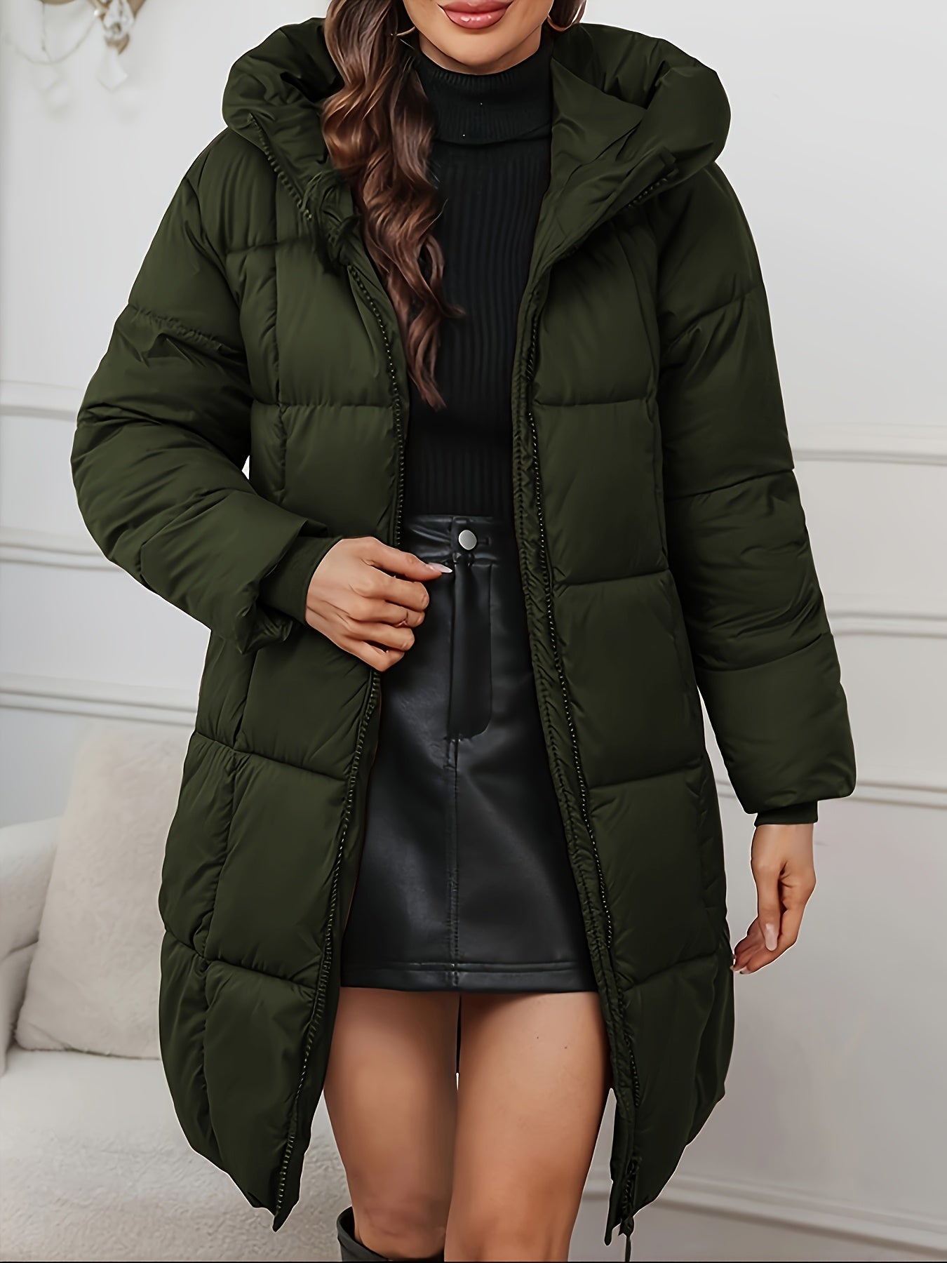 Women'S Elegant Hooded Long Winter Coat - Lightweight Full-Zip Jacket with Pockets, Mid-Length Warm Outerwear for Cold Weather, Solid Color, Regular Fit, No Belt, Long Sleeves, Winter Coats