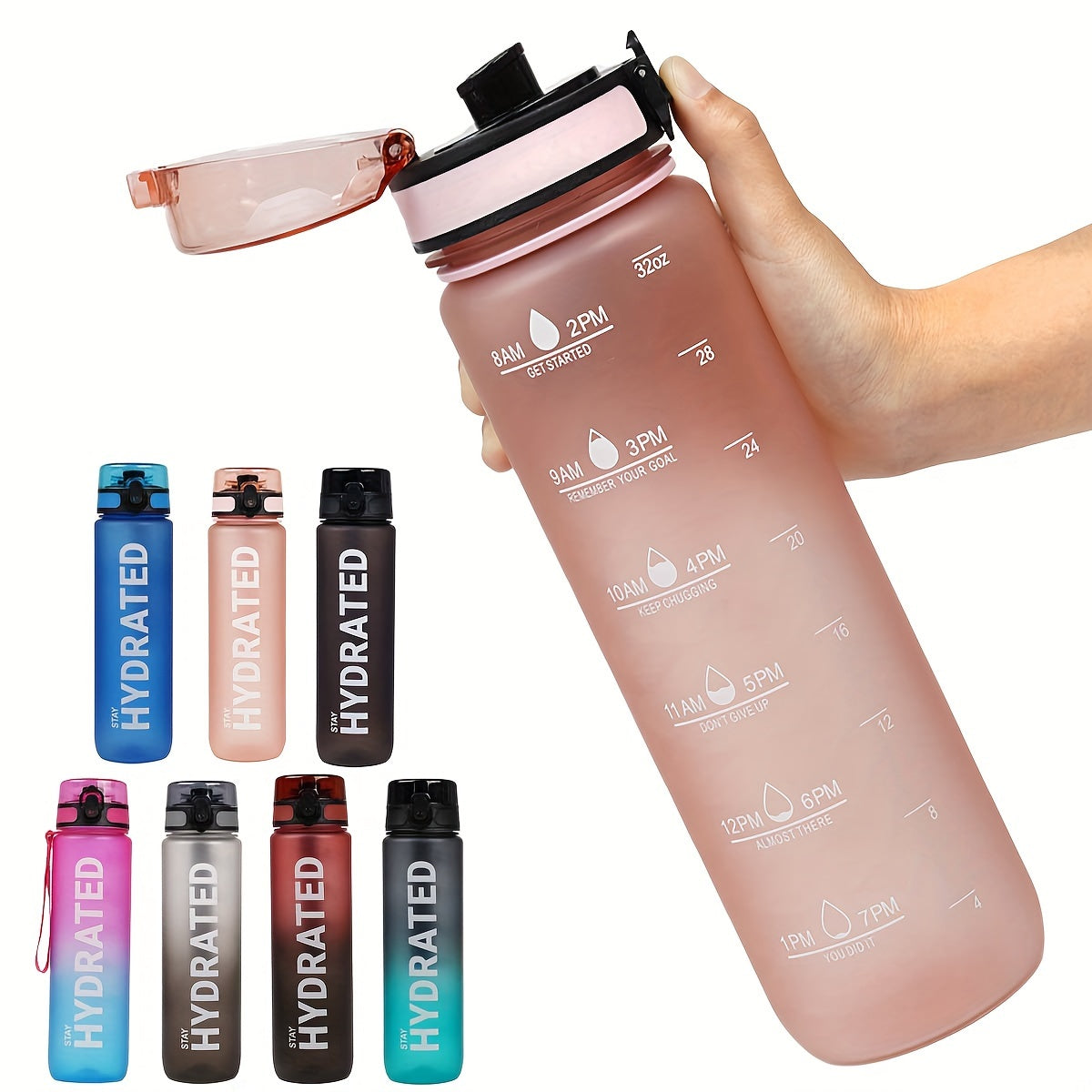 32 oz (1000 ml) Inspirational Sports Water Bottle with Time Markers - Wide Mouth, Leak-Proof, and Stir-Friendly - Includes a Carrying Strap (1 Bottle)