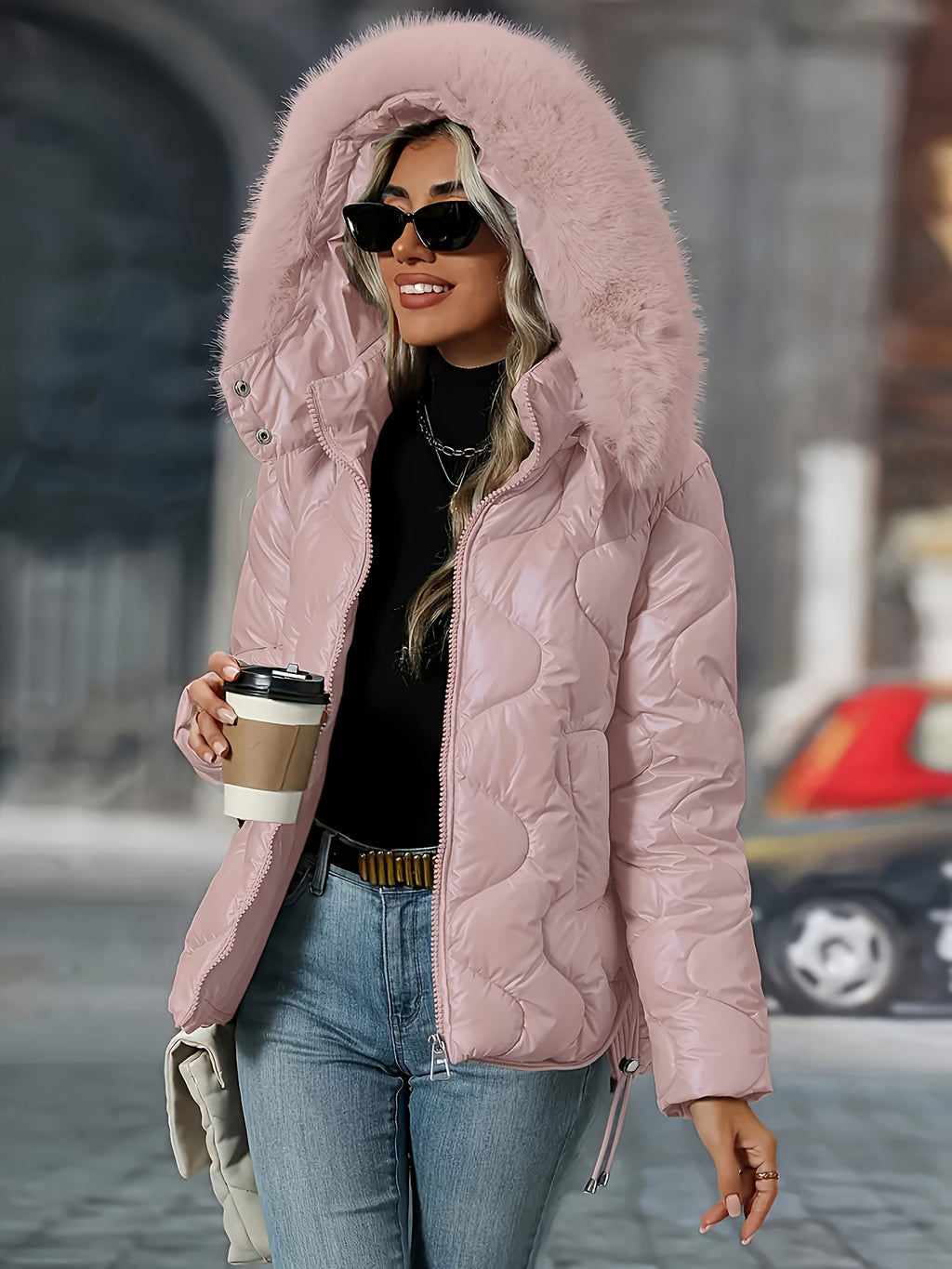 [Women's Winter Jacket] Women's Winter Jacket | Faux-Fur Hood & Collar | Pink/White Puffer Coat, Elegant Warm Outerwear for Cold Weather, Hand Washable Long Sleeve Blazer (No Belt/Hem Adjustments) - Casual to, Winter Coat Wom