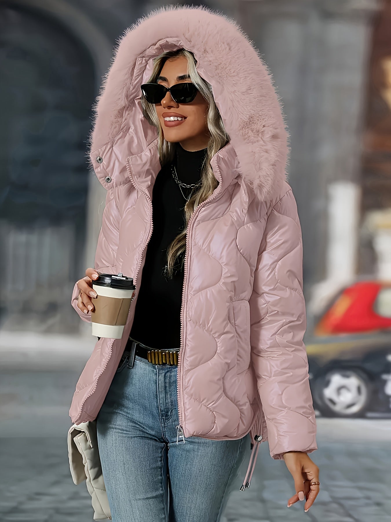 [Women's Winter Jacket] Women's Winter Jacket | Faux-Fur Hood & Collar | Pink/White Puffer Coat, Elegant Warm Outerwear for Cold Weather, Hand Washable Long Sleeve Blazer (No Belt/Hem Adjustments) - Casual to, Winter Coat Wom