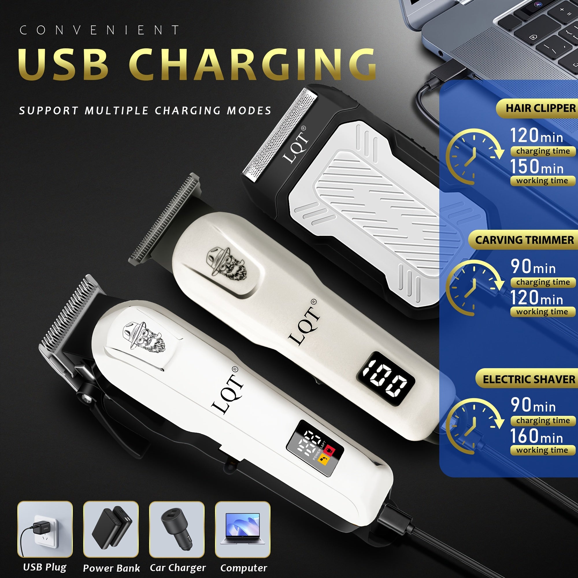 LQT Men'S Professional Haircutting Kit - USB Rechargeable Electric Hair Clipper and Shaver Set with Digital Display, 2000mAh Lithium Battery, High-Performance Low Noise Motor, Cordless Grooming Tools, Perfect Gift, Home Salon