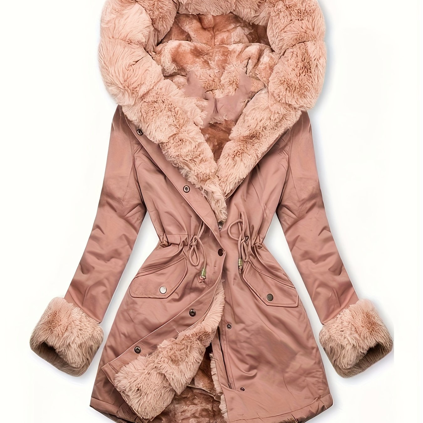 Women's Winter Warm Plush Coat with Fur Trim - Long Sleeve Full-Zip Outerwear, Machine Washable Casual Elegant Winter Coat with Beltless Waist, Beige & Brown Plush Jacket for Cold Weather, Soft Faux Fur Lining, Button Front C