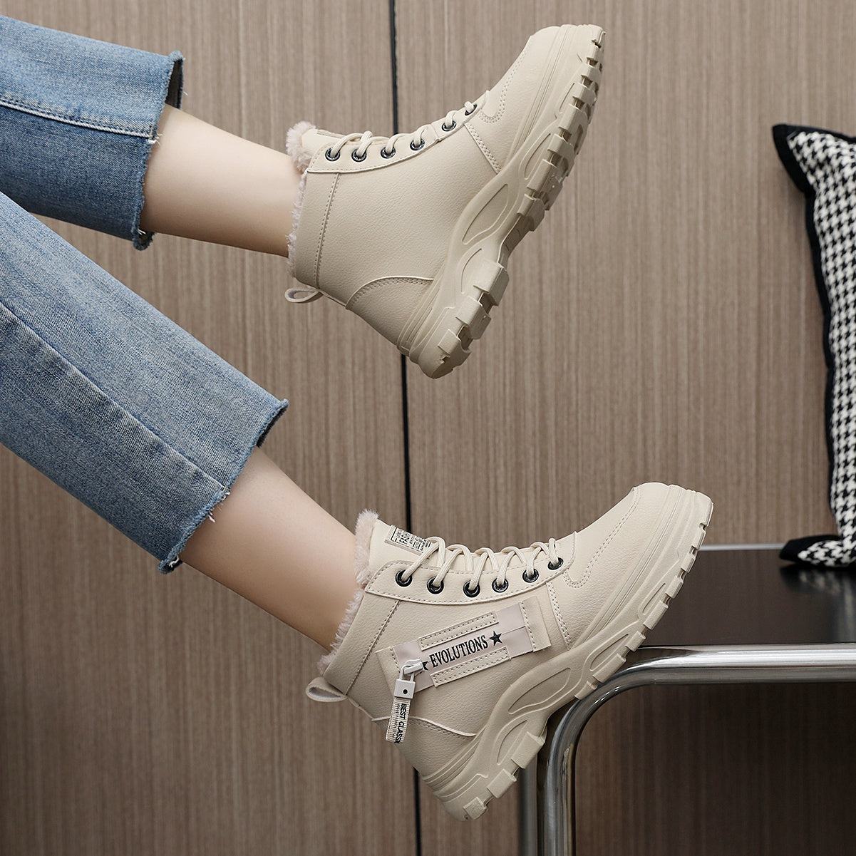 Affordable Women's boots, black and white winter shoes for ladies, slip-on style with plush lining for warmth, a gift for women, fashionable Plush design at the toe, suitable for plus-size women, ideal for  scenes