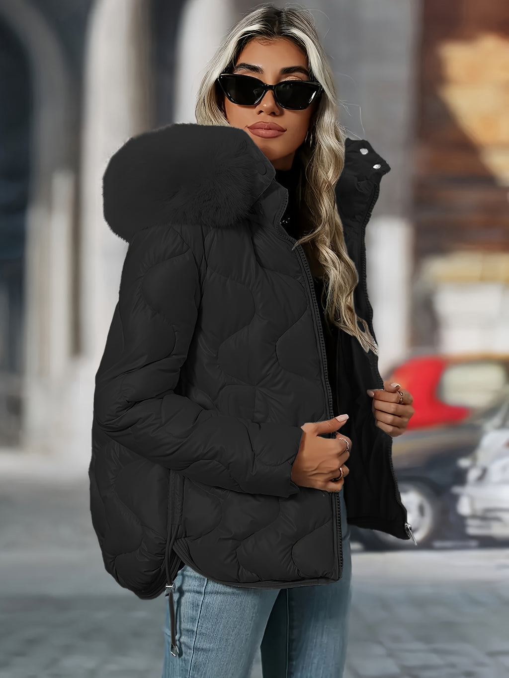 [Women's Winter Jacket] Women's Winter Jacket | Faux-Fur Hood & Collar | Pink/White Puffer Coat, Elegant Warm Outerwear for Cold Weather, Hand Washable Long Sleeve Blazer (No Belt/Hem Adjustments) - Casual to, Winter Coat Wom