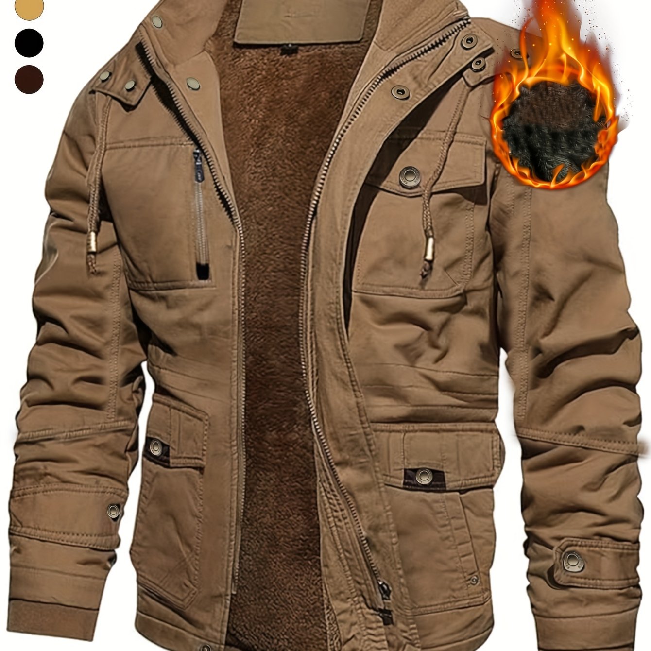 Men'S Thickened Warm Mid-Length Heavyweight Jacket with Detachable Hood - Multiple Zippered Pockets, Casual Outdoor Workwear, Polyester Lined, Button-Up Front, Regular Fit for Cold Weather, Winter Outerwear | Functional Desig