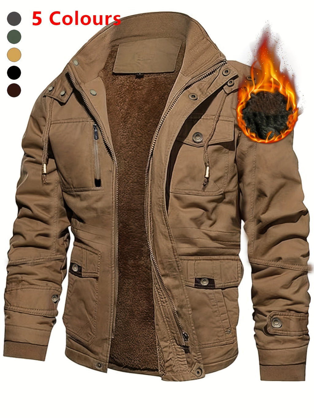 Men'S Thickened Warm Mid-Length Heavyweight Jacket with Detachable Hood - Multiple Zippered Pockets, Casual Outdoor Workwear, Polyester Lined, Button-Up Front, Regular Fit for Cold Weather, Winter Outerwear | Functional Desig