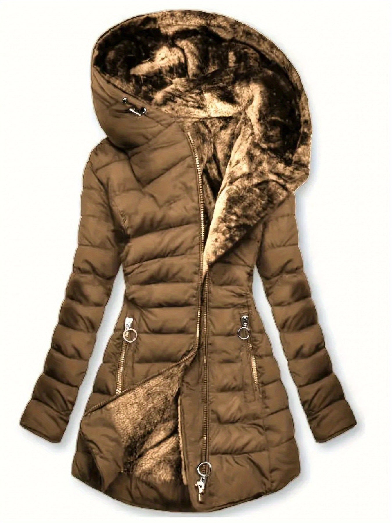 Women's Winter Warm Quilted Parka Coat - Padded Jacket with Hood, Full-Zip Front & Belt (Adjustable Waist) - Mid-Length Long Sleeve Outerwear for Cold Weather, Y2K Style (Beige/Tan) - Hand Wash/Dry Clean, Winter Jacket For Wo