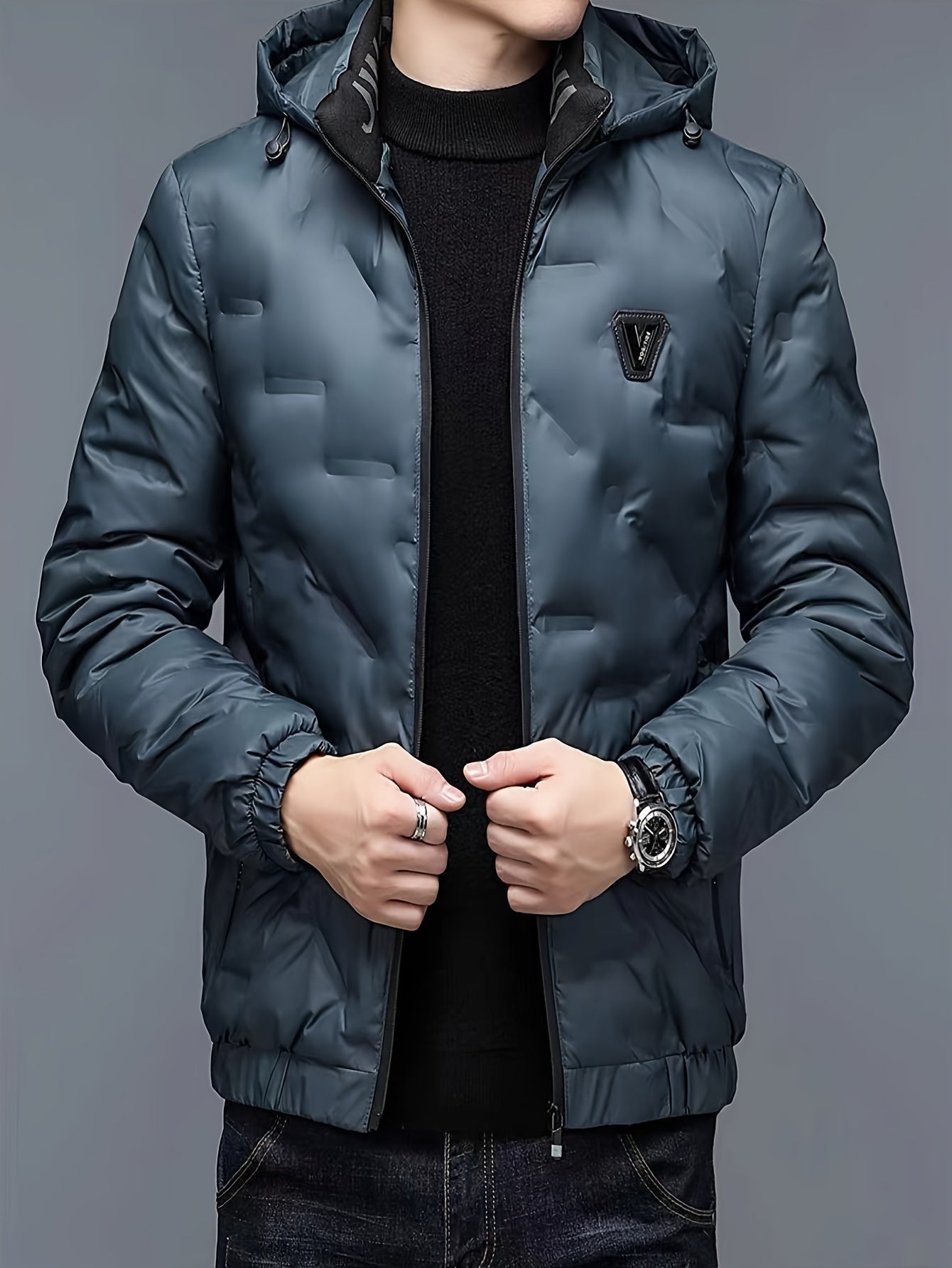 Men's Padded Hooded Jacket, Men Casual Padded Coat Windbreaker Zipper Pocket Stand Collar For Men Winter