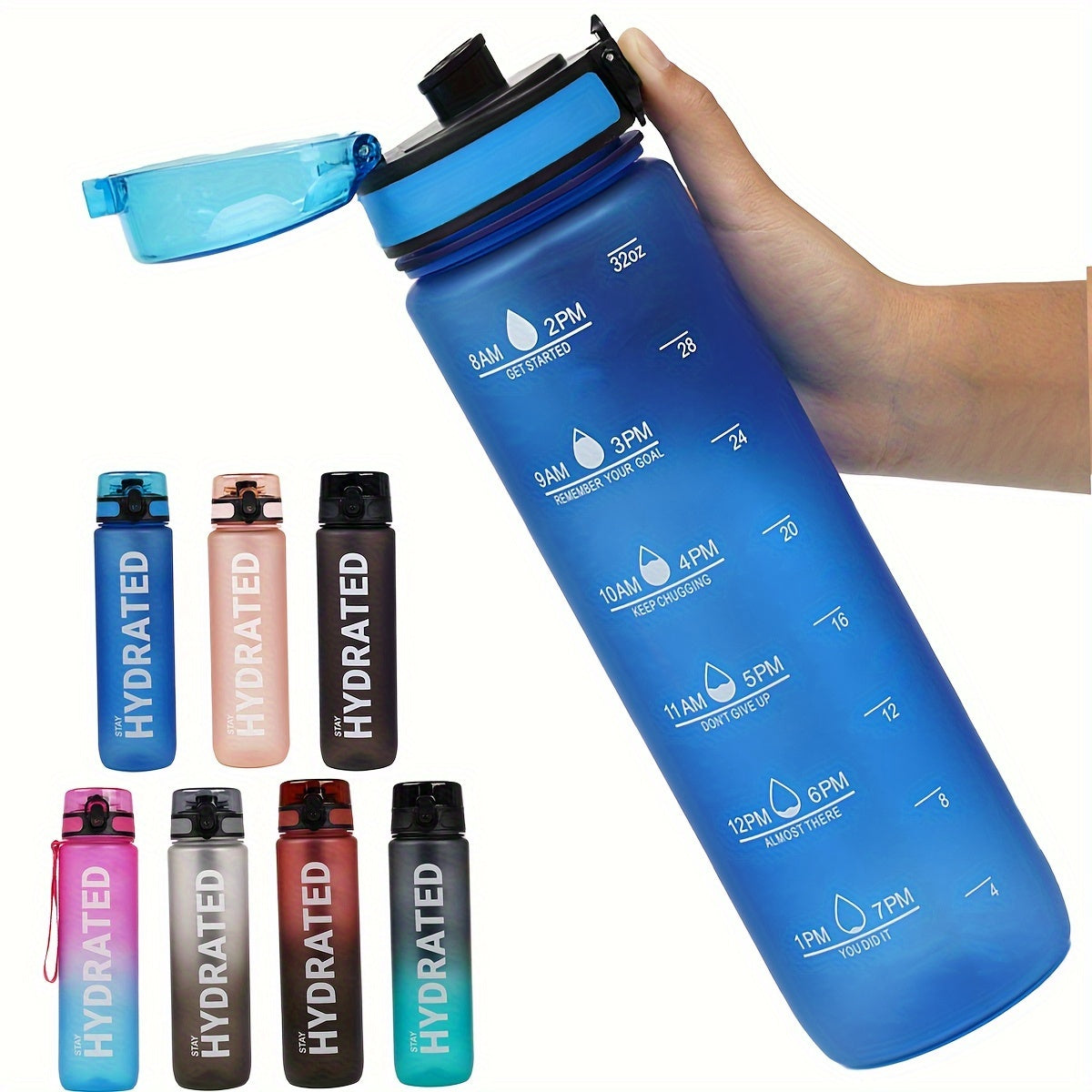 32 oz (1000 ml) Inspirational Sports Water Bottle with Time Markers - Wide Mouth, Leak-Proof, and Stir-Friendly - Includes a Carrying Strap (1 Bottle)