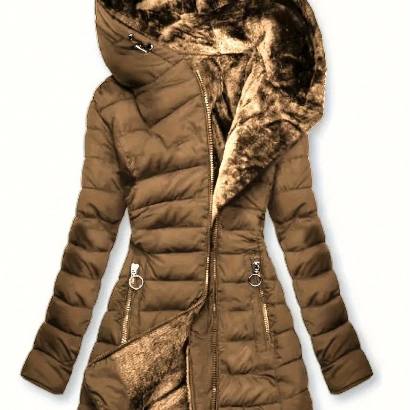 Women's Winter Warm Quilted Parka Coat - Padded Jacket with Hood, Full-Zip Front & Belt (Adjustable Waist) - Mid-Length Long Sleeve Outerwear for Cold Weather, Y2K Style (Beige/Tan) - Hand Wash/Dry Clean, Winter Jacket For Wo