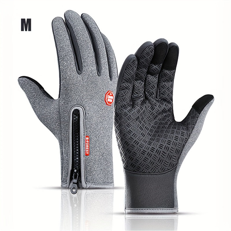 1 Double warm winter outdoor sports Men's and Women's fleece touchscreen thermal cycling windproof gloves, with zipped closure, suitable for motorcycles, running, fishing, hiking - compatible with smartphones/tablets - warm g
