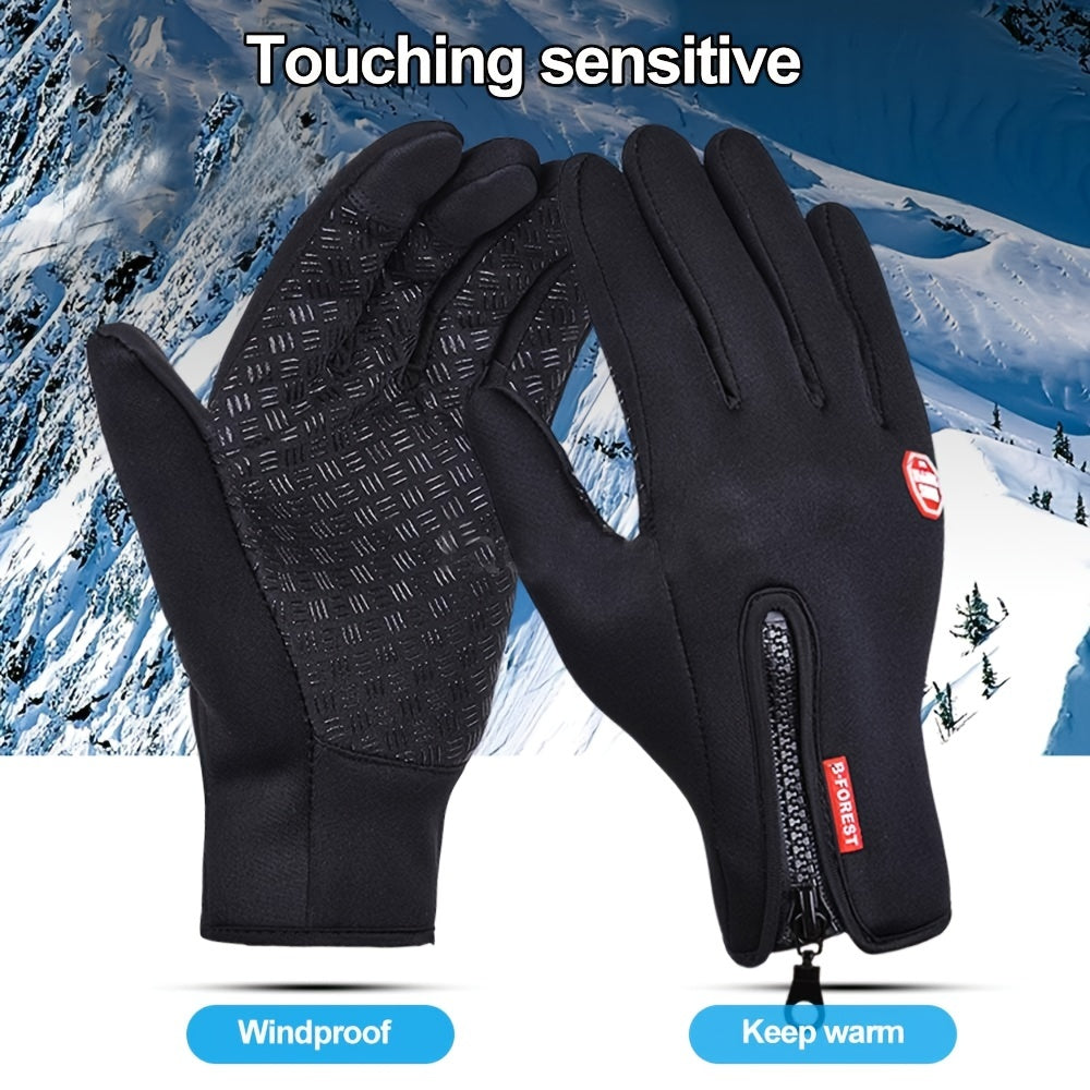 1 Double warm winter outdoor sports Men's and Women's fleece touchscreen thermal cycling windproof gloves, with zipped closure, suitable for motorcycles, running, fishing, hiking - compatible with smartphones/tablets - warm g