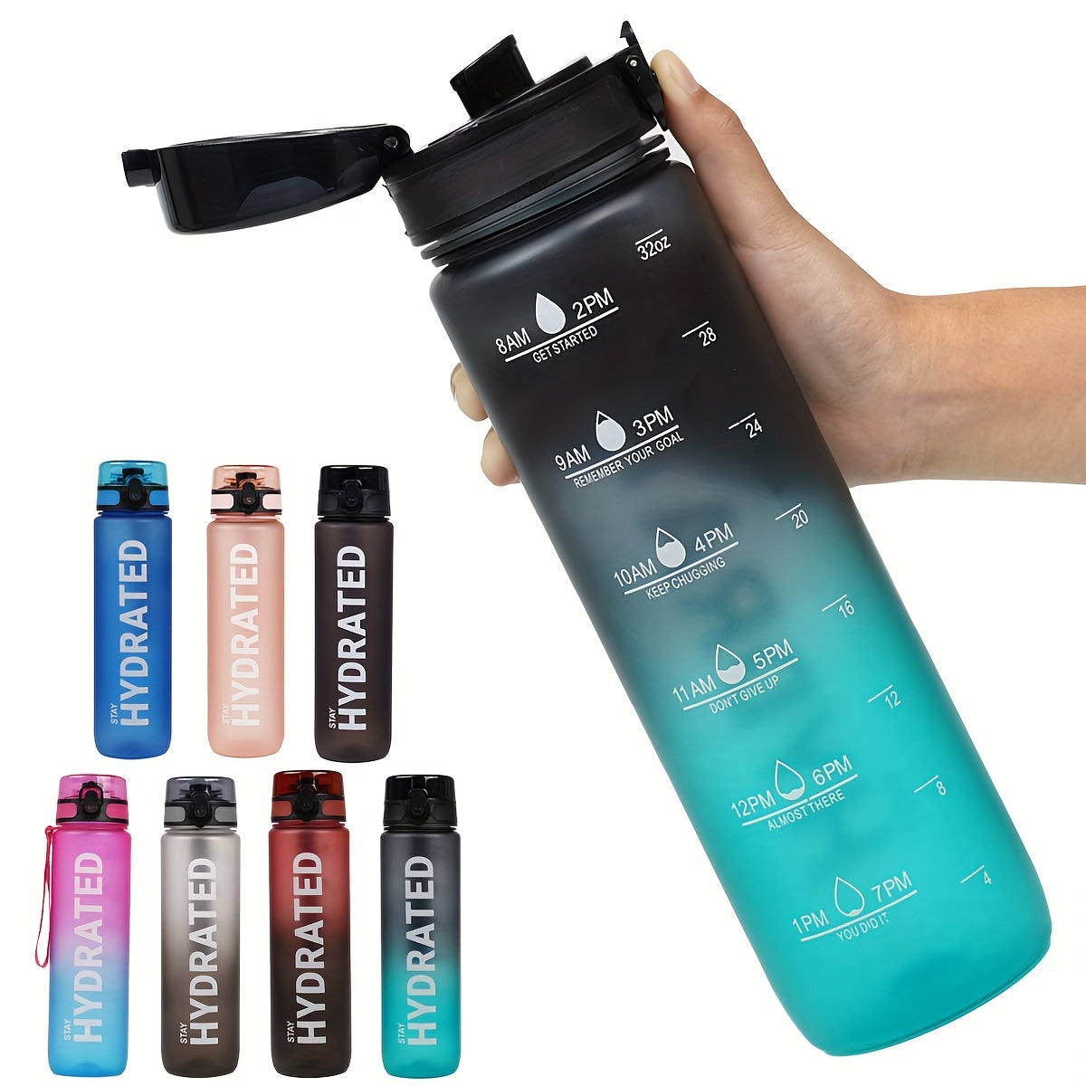 32 oz (1000 ml) Inspirational Sports Water Bottle with Time Markers - Wide Mouth, Leak-Proof, and Stir-Friendly - Includes a Carrying Strap (1 Bottle)