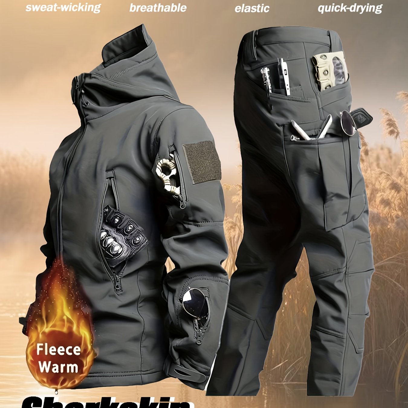 Men'S Coldproof Softshell Jacket & Pants Set - All-Season Outdoor Skiing, Hiking, Cycling, Fishing - Windproof, High Quality, Full-Zip Hooded Design with Multiple Pockets, Machine Washable () - Ideal For Winter Sports & Casua