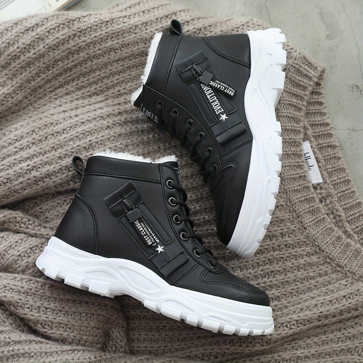 Affordable Women's boots, black and white winter shoes for ladies, slip-on style with plush lining for warmth, a gift for women, fashionable Plush design at the toe, suitable for plus-size women, ideal for  scenes