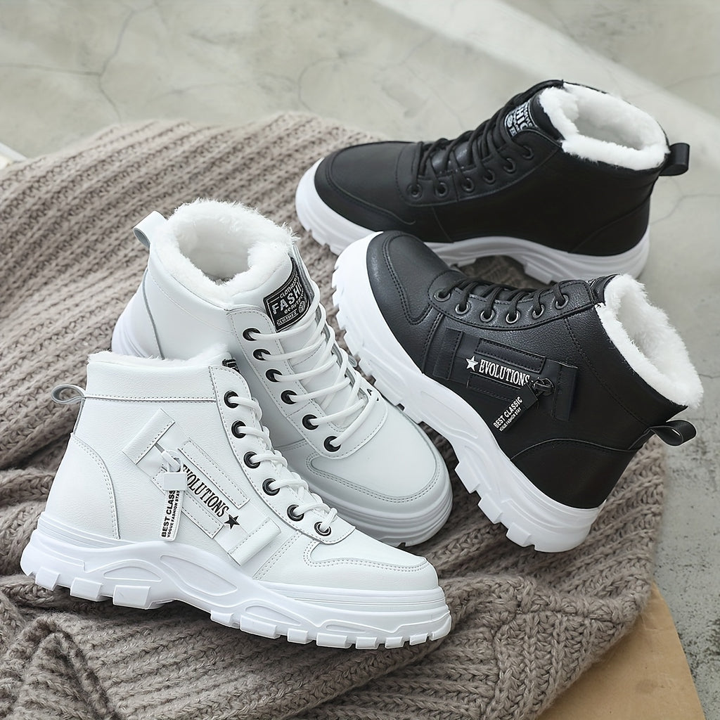 Affordable Women's boots, black and white winter shoes for ladies, slip-on style with plush lining for warmth, a gift for women, fashionable Plush design at the toe, suitable for plus-size women, ideal for  scenes