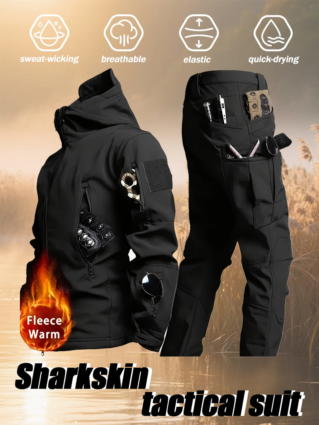 Men'S Coldproof Softshell Jacket & Pants Set - All-Season Outdoor Skiing, Hiking, Cycling, Fishing - Windproof, High Quality, Full-Zip Hooded Design with Multiple Pockets, Machine Washable () - Ideal For Winter Sports & Casua