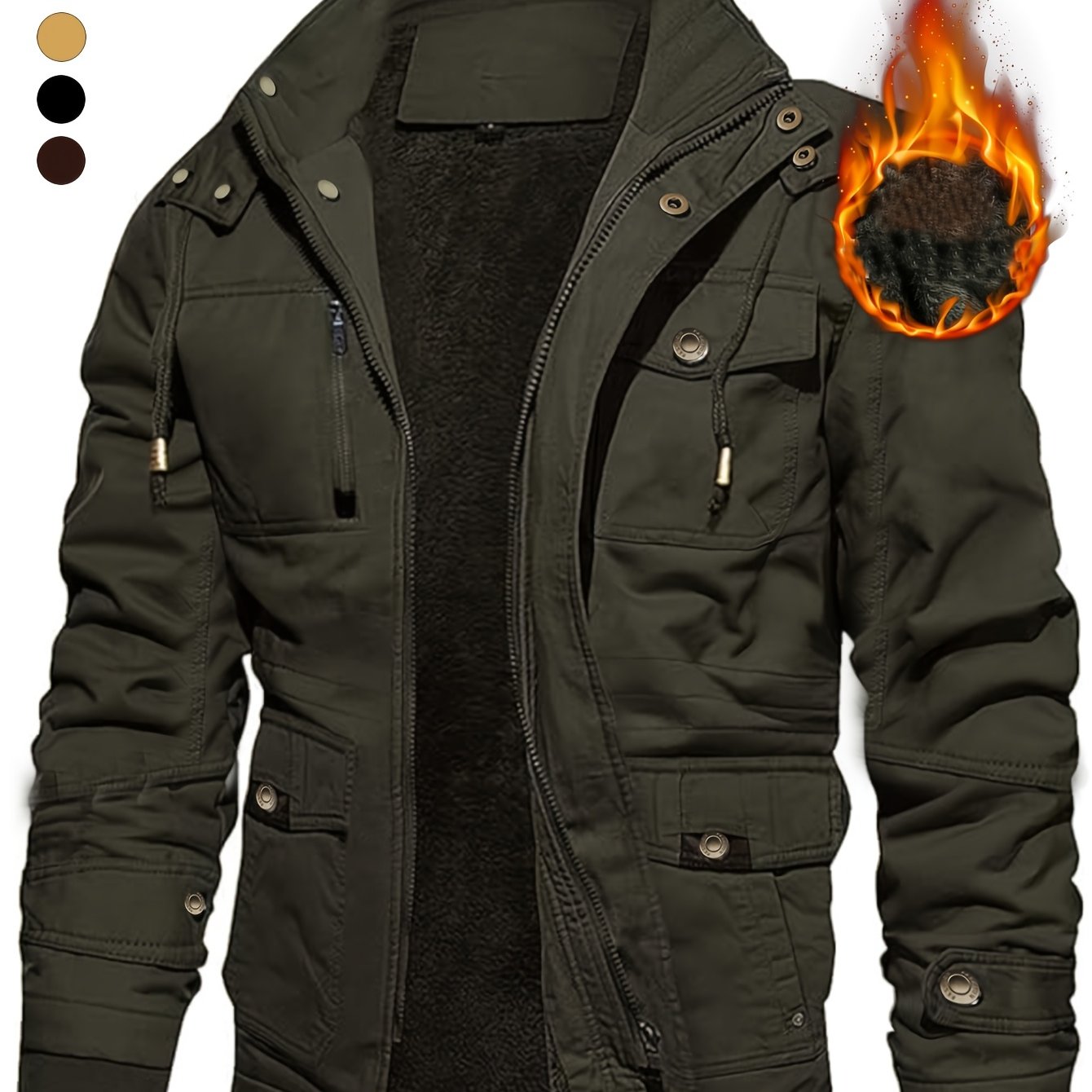 Men'S Thickened Warm Mid-Length Heavyweight Jacket with Detachable Hood - Multiple Zippered Pockets, Casual Outdoor Workwear, Polyester Lined, Button-Up Front, Regular Fit for Cold Weather, Winter Outerwear | Functional Desig