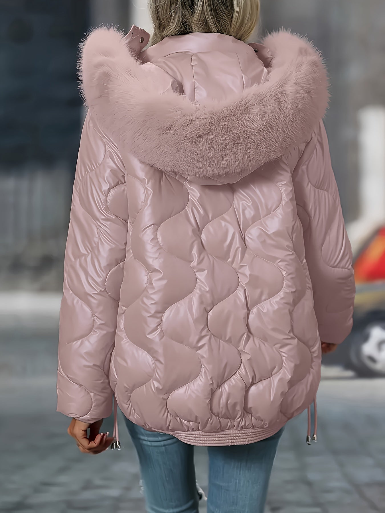 [Women's Winter Jacket] Women's Winter Jacket | Faux-Fur Hood & Collar | Pink/White Puffer Coat, Elegant Warm Outerwear for Cold Weather, Hand Washable Long Sleeve Blazer (No Belt/Hem Adjustments) - Casual to, Winter Coat Wom