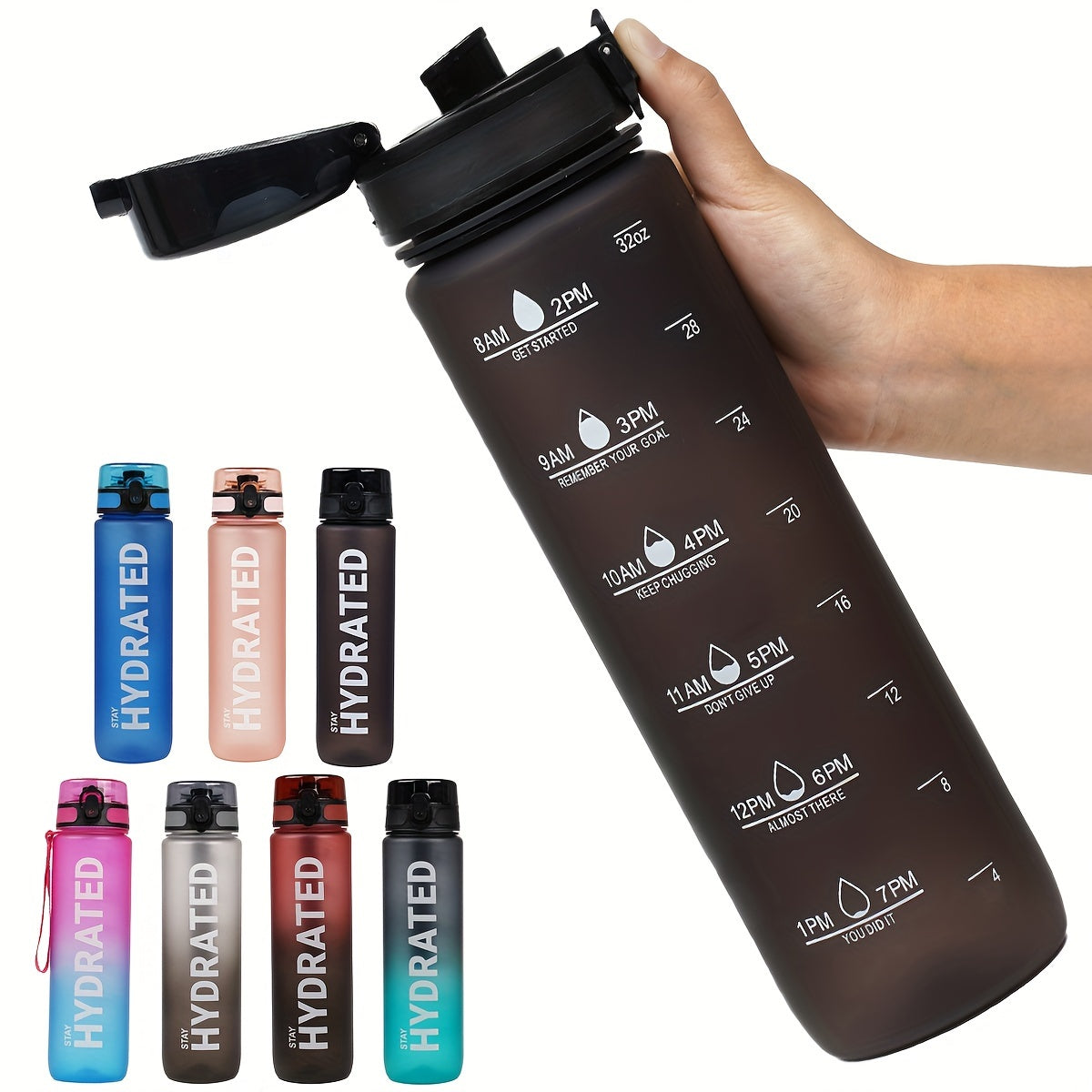 32 oz (1000 ml) Inspirational Sports Water Bottle with Time Markers - Wide Mouth, Leak-Proof, and Stir-Friendly - Includes a Carrying Strap (1 Bottle)