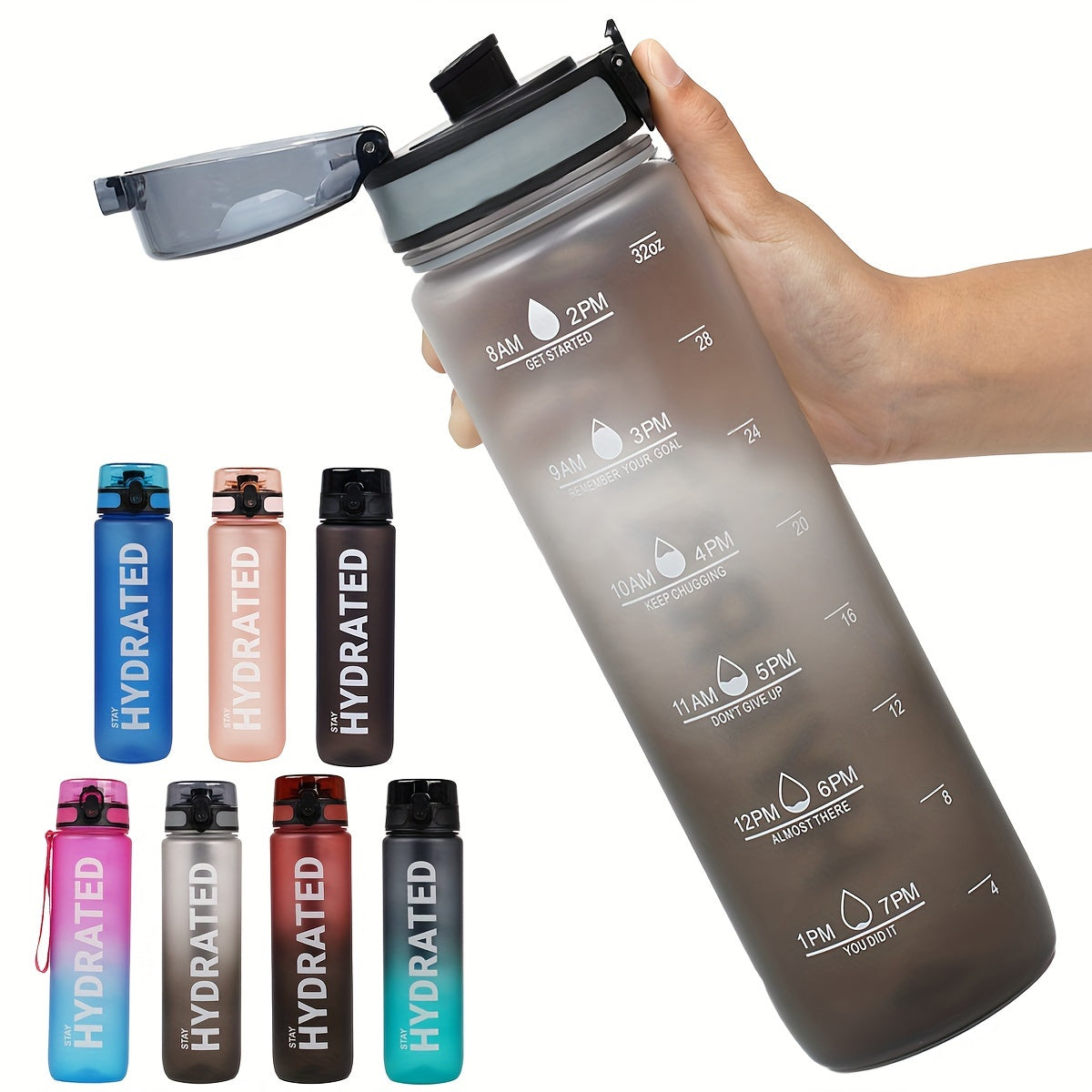 32 oz (1000 ml) Inspirational Sports Water Bottle with Time Markers - Wide Mouth, Leak-Proof, and Stir-Friendly - Includes a Carrying Strap (1 Bottle)
