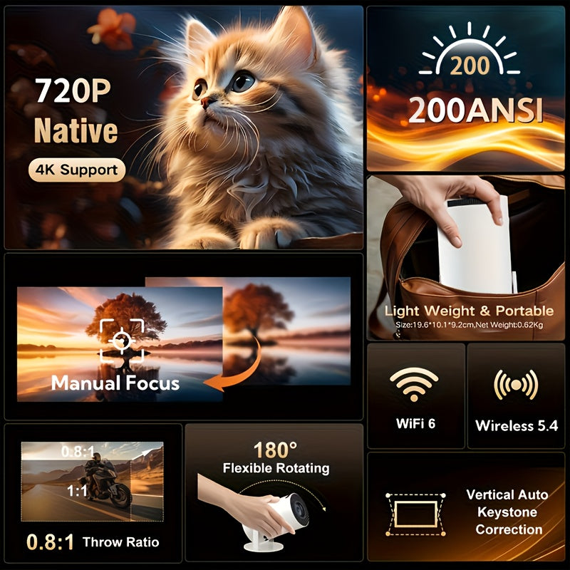 2025 Upgraded HY300PRO Mini Projector with WiFi and Bluetooth, Portable Native 720P, 4K Support/Decoding, Auto Keystone Correction, 180° Rotation, Smart for Home & Outdoor Use Android 11