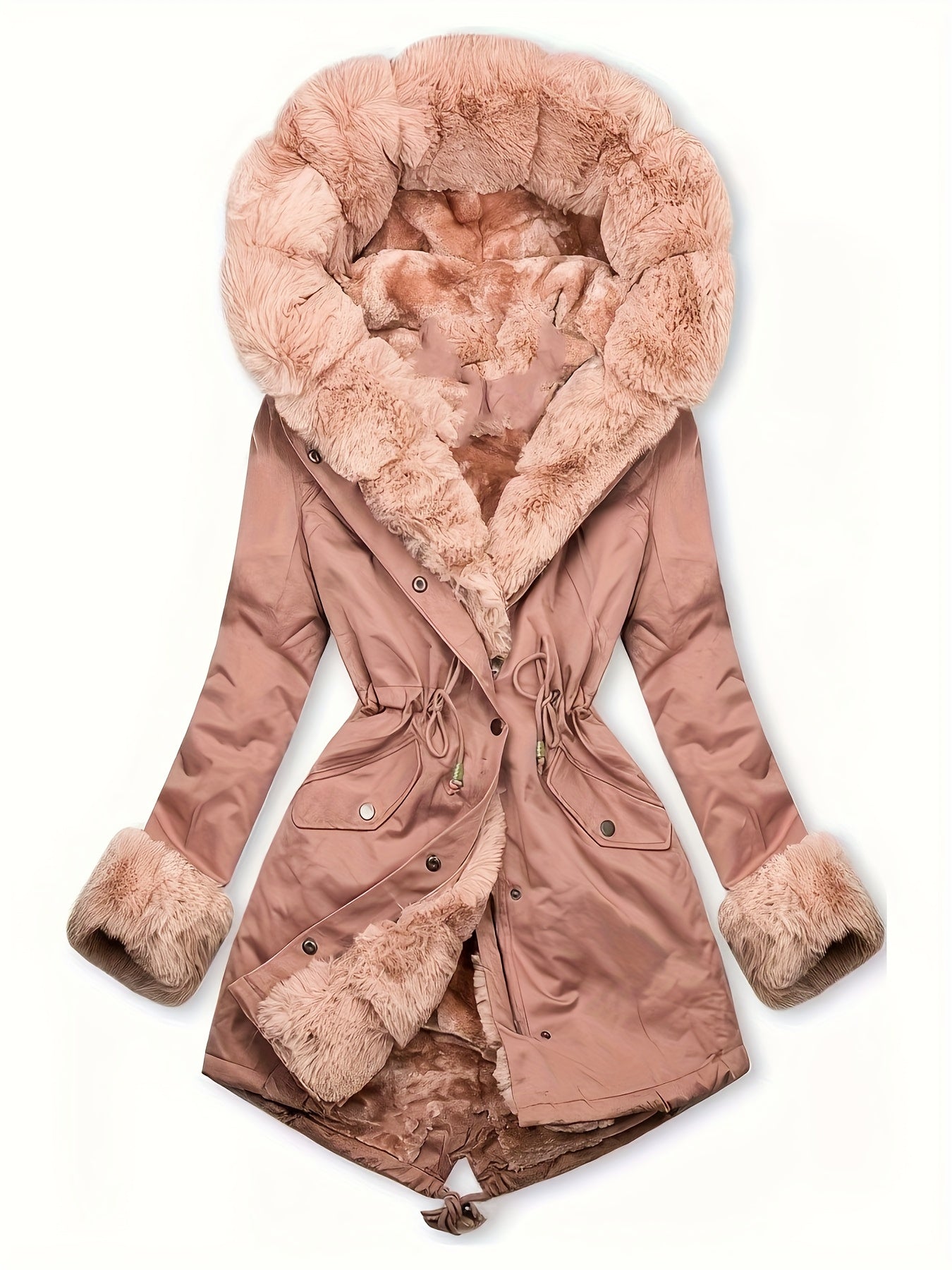 Women's Winter Warm Plush Coat with Fur Trim - Long Sleeve Full-Zip Outerwear, Machine Washable Casual Elegant Winter Coat with Beltless Waist, Beige & Brown Plush Jacket for Cold Weather, Soft Faux Fur Lining, Button Front C