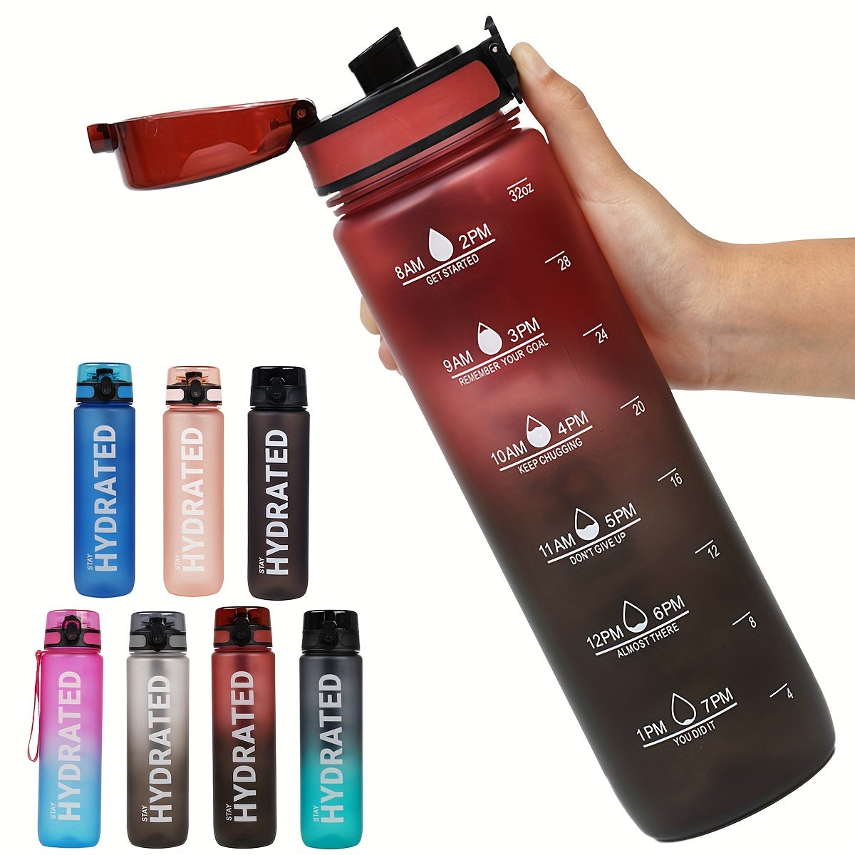 32 oz (1000 ml) Inspirational Sports Water Bottle with Time Markers - Wide Mouth, Leak-Proof, and Stir-Friendly - Includes a Carrying Strap (1 Bottle)