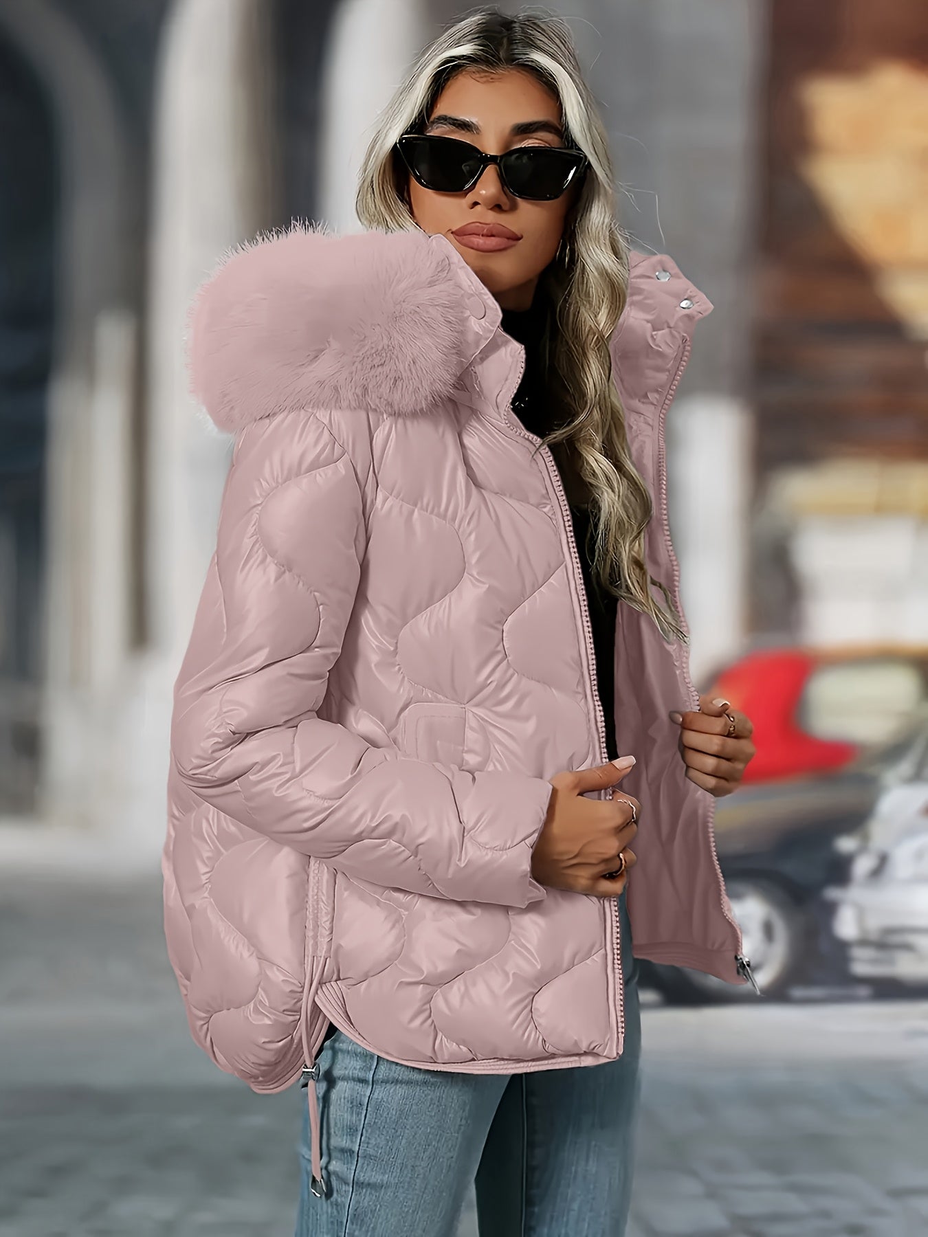 [Women's Winter Jacket] Women's Winter Jacket | Faux-Fur Hood & Collar | Pink/White Puffer Coat, Elegant Warm Outerwear for Cold Weather, Hand Washable Long Sleeve Blazer (No Belt/Hem Adjustments) - Casual to, Winter Coat Wom