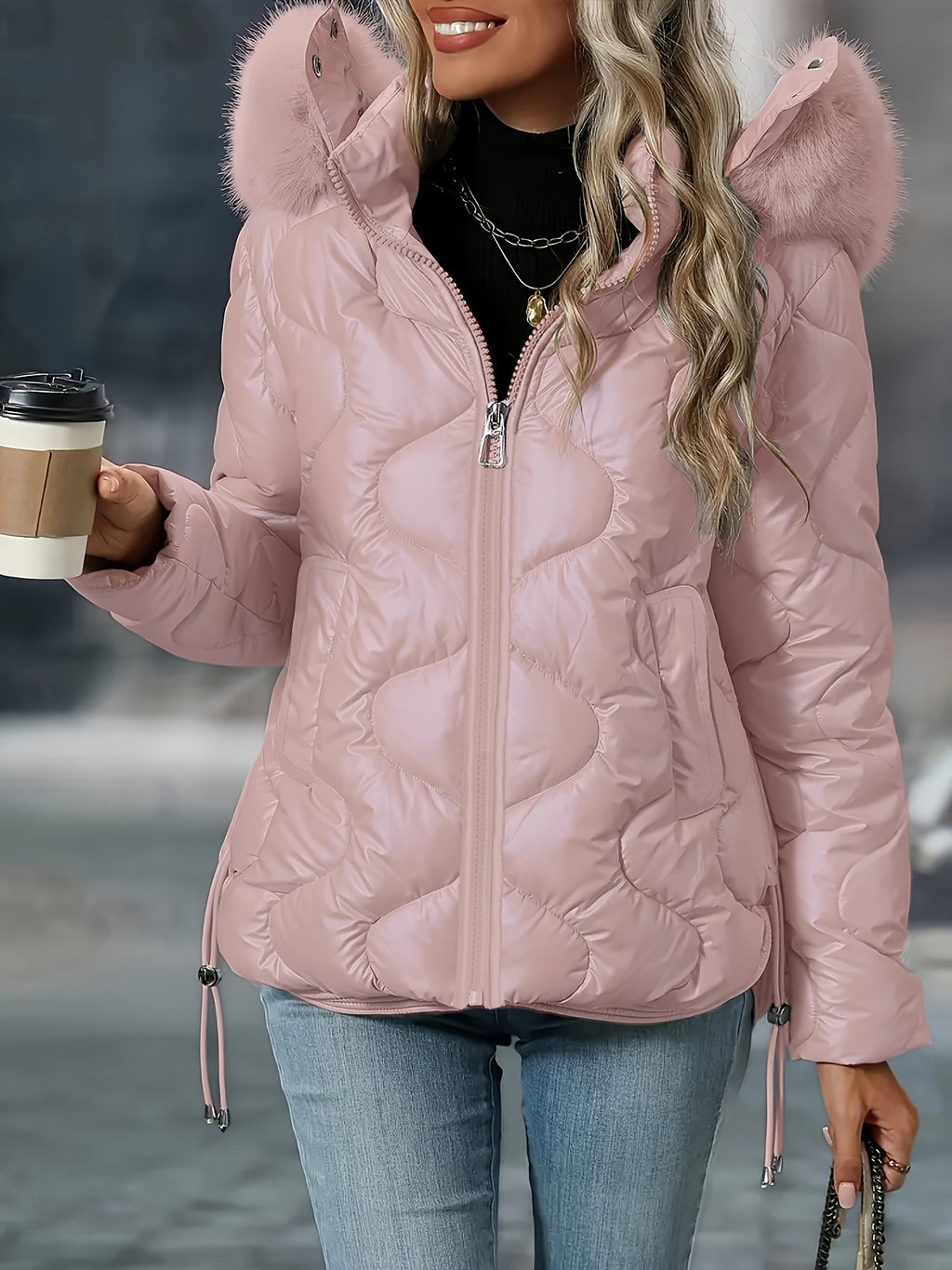 [Women's Winter Jacket] Women's Winter Jacket | Faux-Fur Hood & Collar | Pink/White Puffer Coat, Elegant Warm Outerwear for Cold Weather, Hand Washable Long Sleeve Blazer (No Belt/Hem Adjustments) - Casual to, Winter Coat Wom
