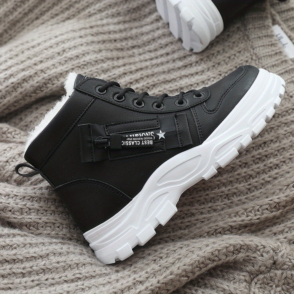 Affordable Women's boots, black and white winter shoes for ladies, slip-on style with plush lining for warmth, a gift for women, fashionable Plush design at the toe, suitable for plus-size women, ideal for  scenes