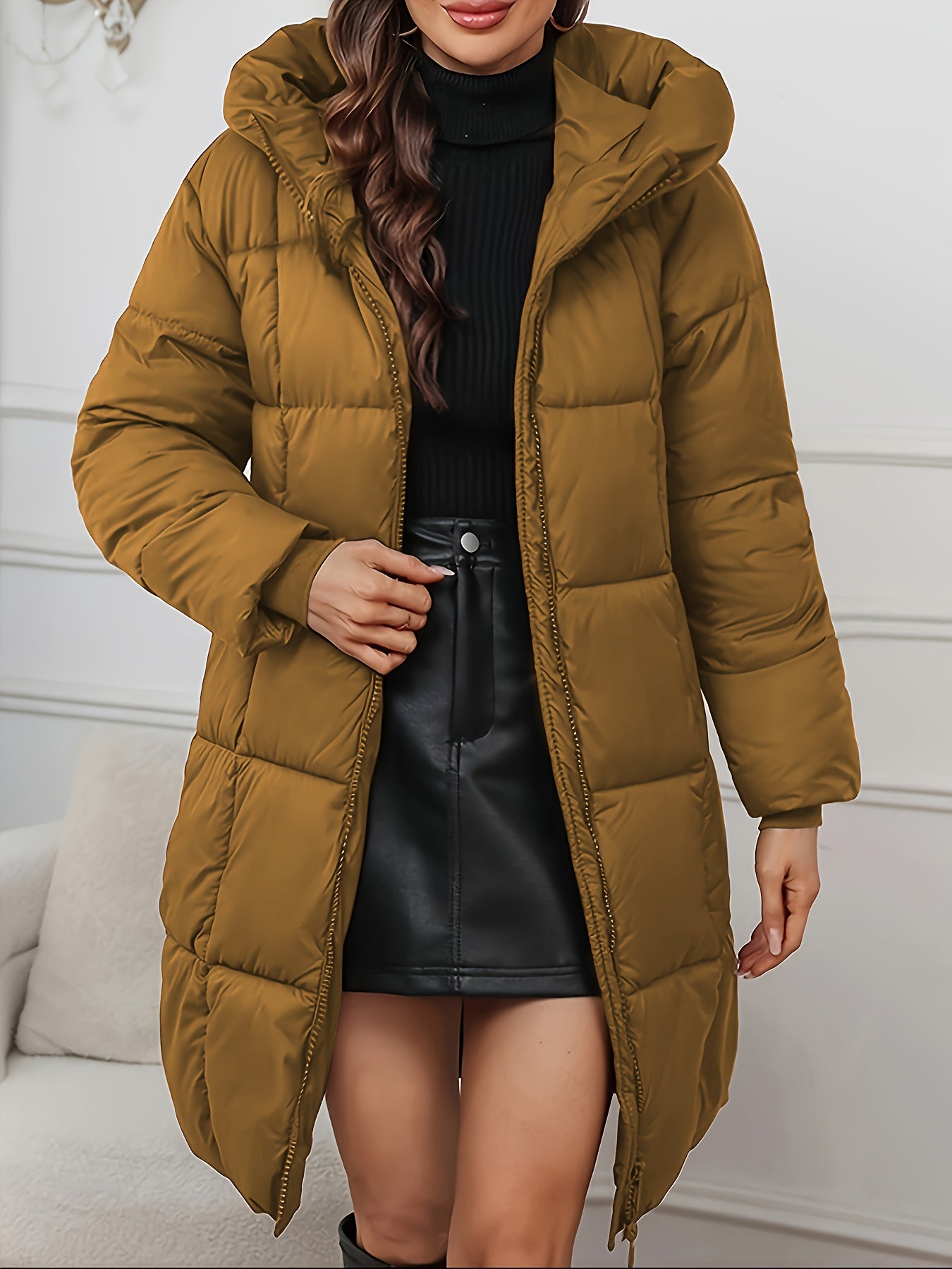 Women'S Elegant Hooded Long Winter Coat - Lightweight Full-Zip Jacket with Pockets, Mid-Length Warm Outerwear for Cold Weather, Solid Color, Regular Fit, No Belt, Long Sleeves, Winter Coats