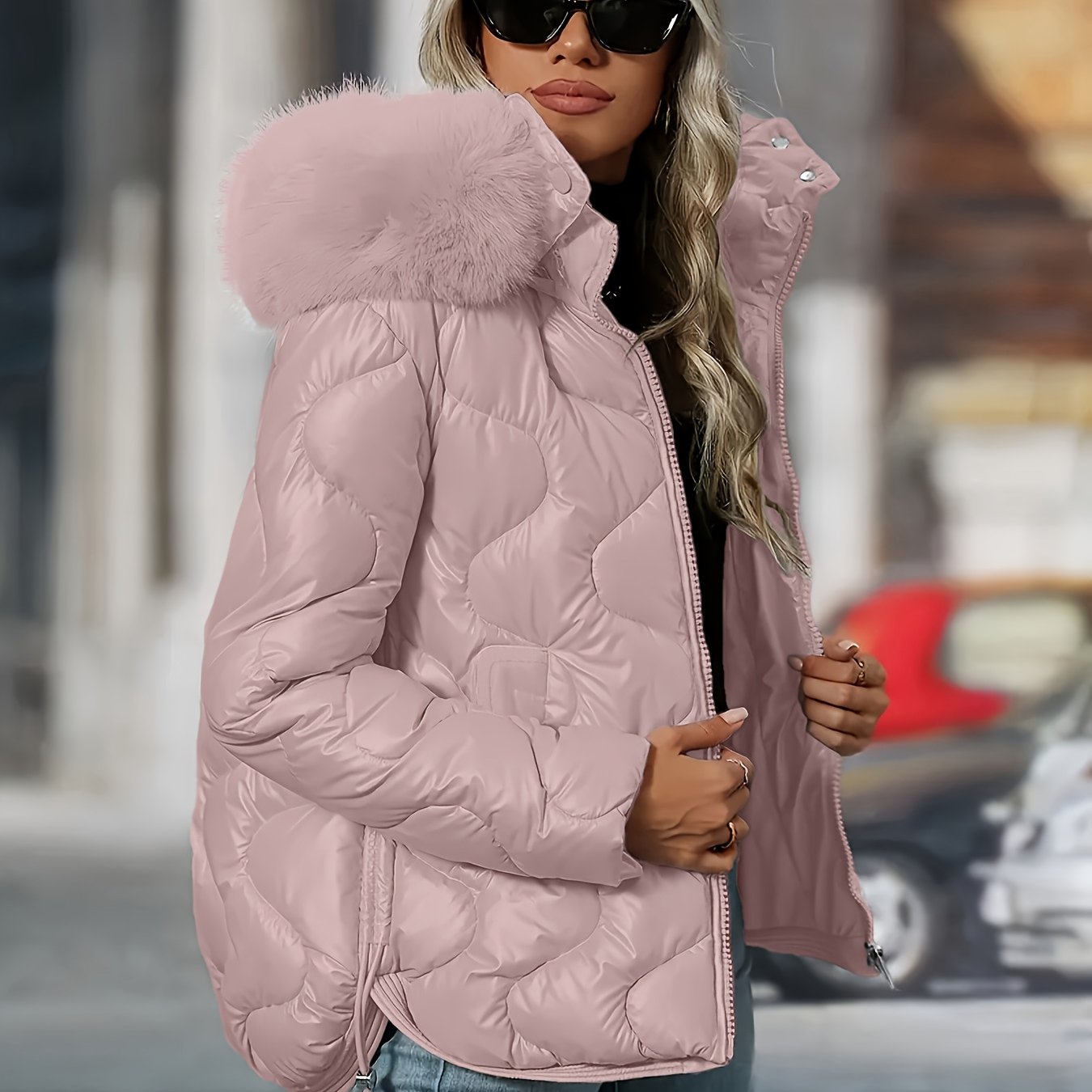 [Women's Winter Jacket] Women's Winter Jacket | Faux-Fur Hood & Collar | Pink/White Puffer Coat, Elegant Warm Outerwear for Cold Weather, Hand Washable Long Sleeve Blazer (No Belt/Hem Adjustments) - Casual to, Winter Coat Wom