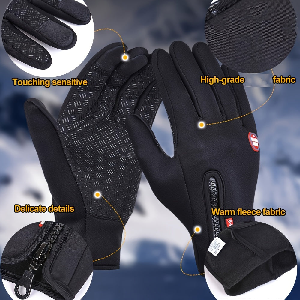 1 Double warm winter outdoor sports Men's and Women's fleece touchscreen thermal cycling windproof gloves, with zipped closure, suitable for motorcycles, running, fishing, hiking - compatible with smartphones/tablets - warm g