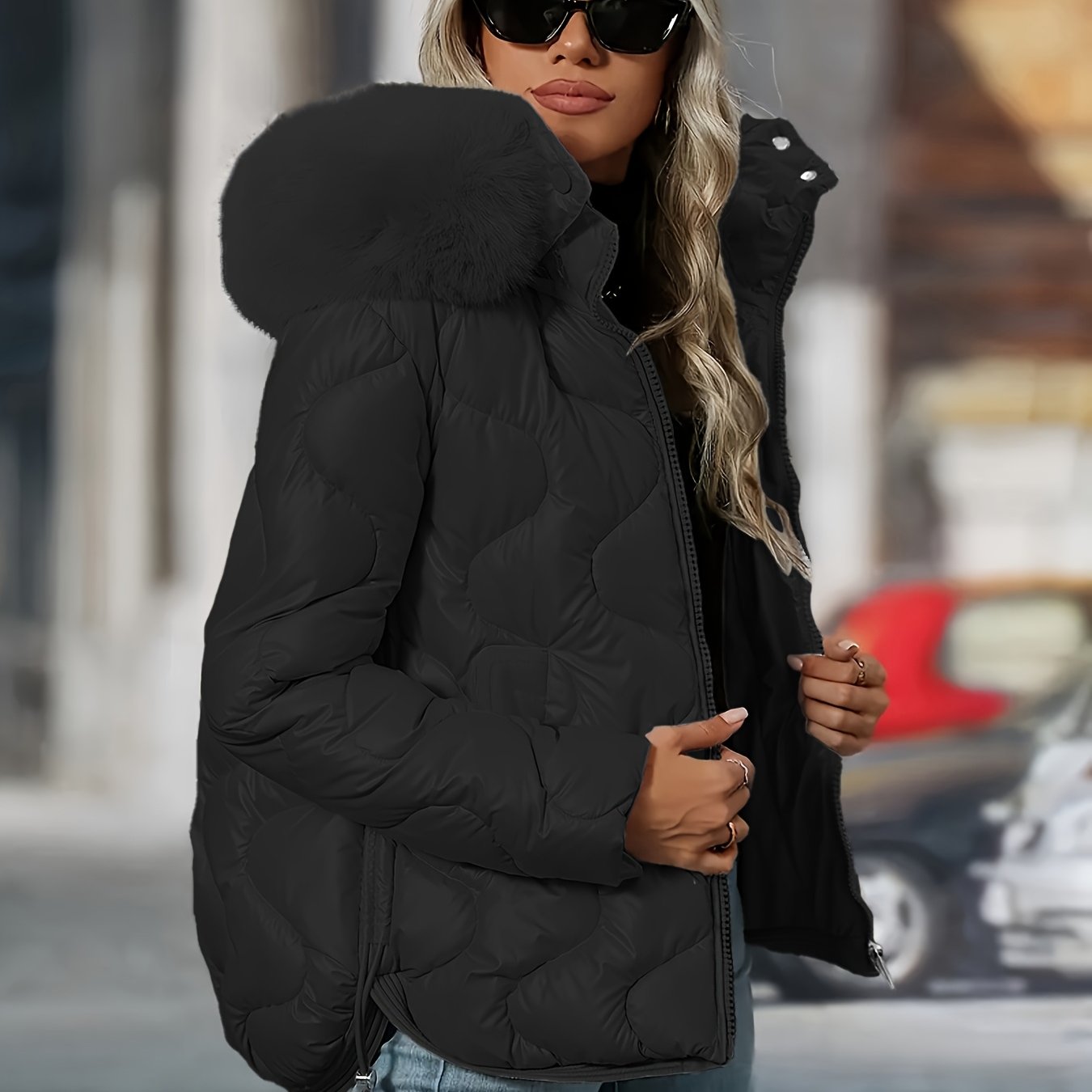 [Women's Winter Jacket] Women's Winter Jacket | Faux-Fur Hood & Collar | Pink/White Puffer Coat, Elegant Warm Outerwear for Cold Weather, Hand Washable Long Sleeve Blazer (No Belt/Hem Adjustments) - Casual to, Winter Coat Wom