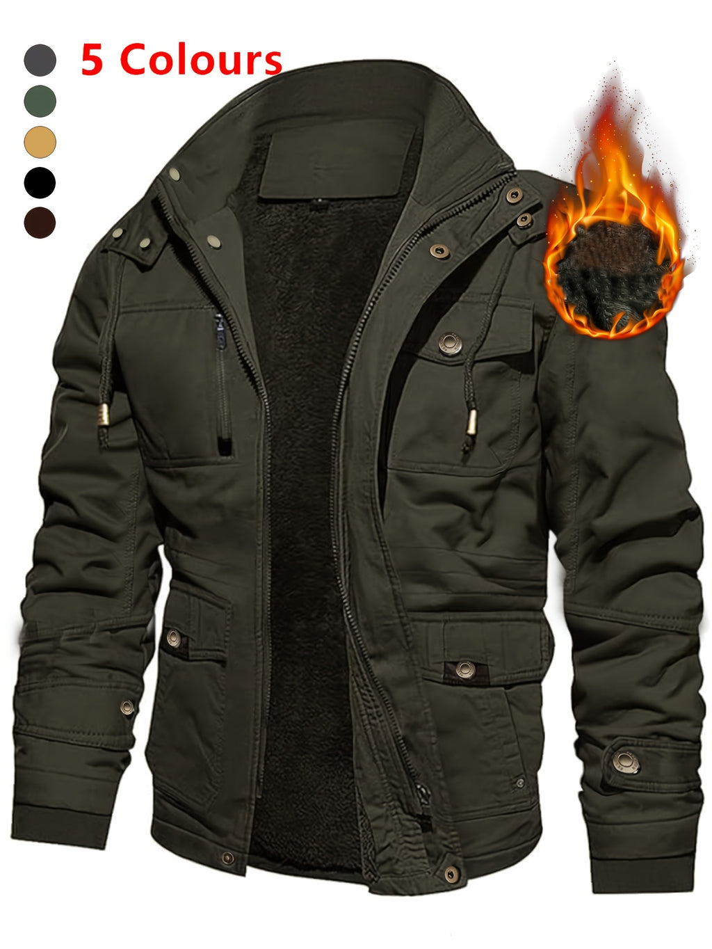 Men'S Thickened Warm Mid-Length Heavyweight Jacket with Detachable Hood - Multiple Zippered Pockets, Casual Outdoor Workwear, Polyester Lined, Button-Up Front, Regular Fit for Cold Weather, Winter Outerwear | Functional Desig