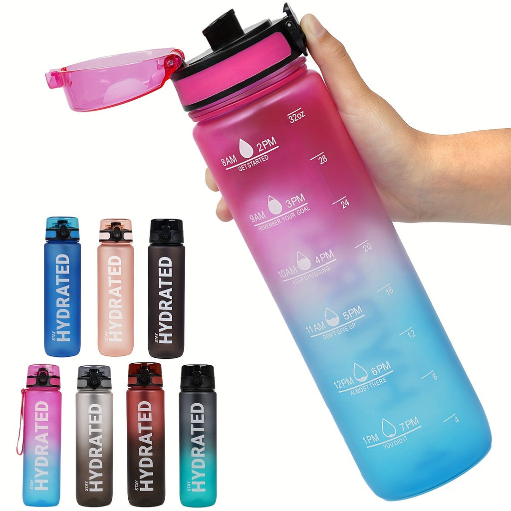 32 oz (1000 ml) Inspirational Sports Water Bottle with Time Markers - Wide Mouth, Leak-Proof, and Stir-Friendly - Includes a Carrying Strap (1 Bottle)