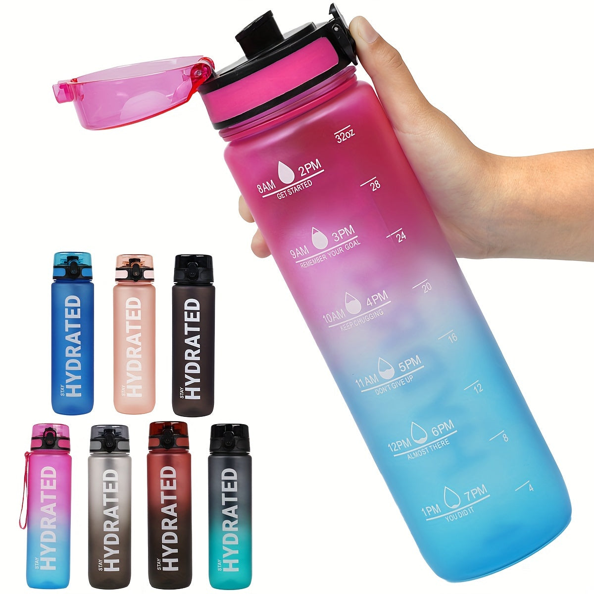32 oz (1000 ml) Inspirational Sports Water Bottle with Time Markers - Wide Mouth, Leak-Proof, and Stir-Friendly - Includes a Carrying Strap (1 Bottle)