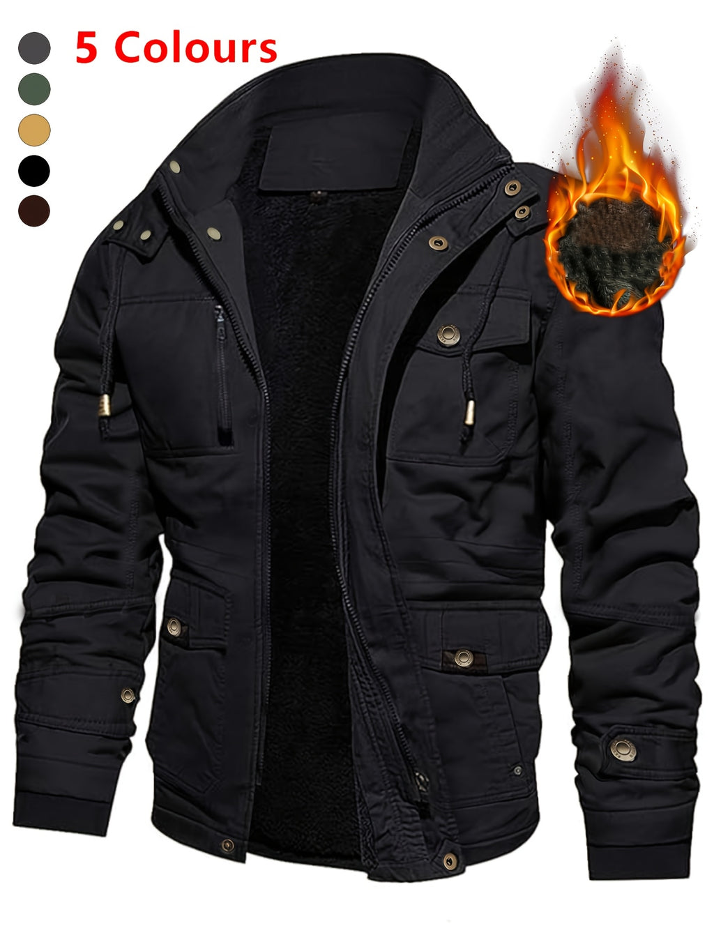 Men'S Thickened Warm Mid-Length Heavyweight Jacket with Detachable Hood - Multiple Zippered Pockets, Casual Outdoor Workwear, Polyester Lined, Button-Up Front, Regular Fit for Cold Weather, Winter Outerwear | Functional Desig